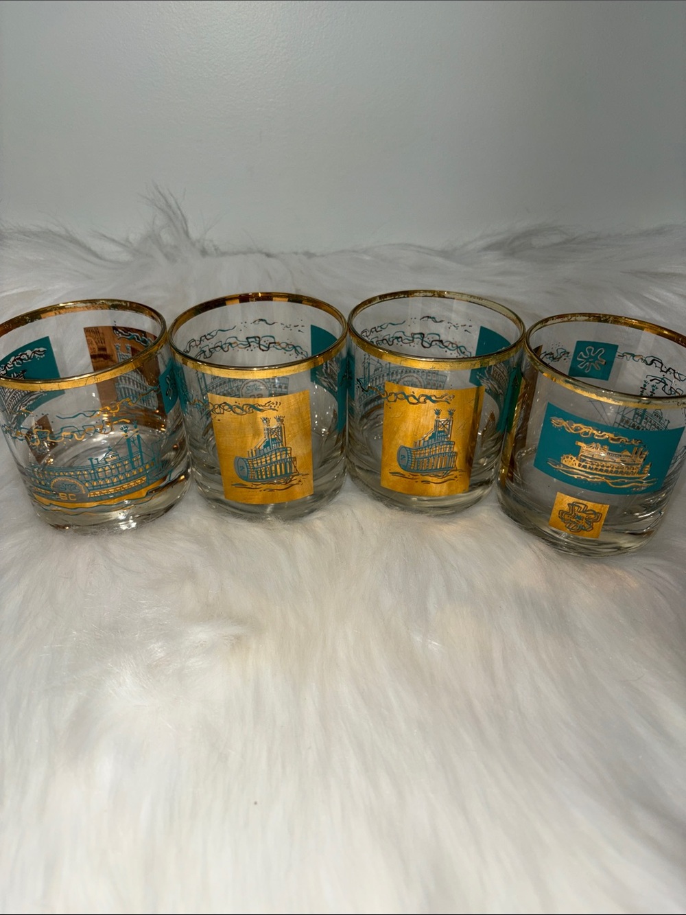 Vintage Steamboat Gold & Teal Glass Tumbler Set - 4-Piece